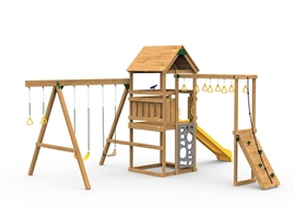 The Contender Starter Play Set includes the Contender kit, Scoop Slide, Vertical Climber, Rigid Swing Seat, and Swing Hangers from swing side