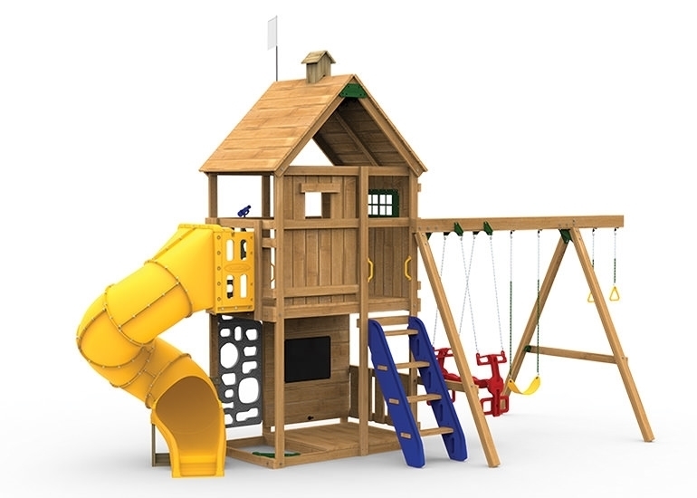 Legacy Gold Playset with spiral tube slide, climbing steps and swings from slide