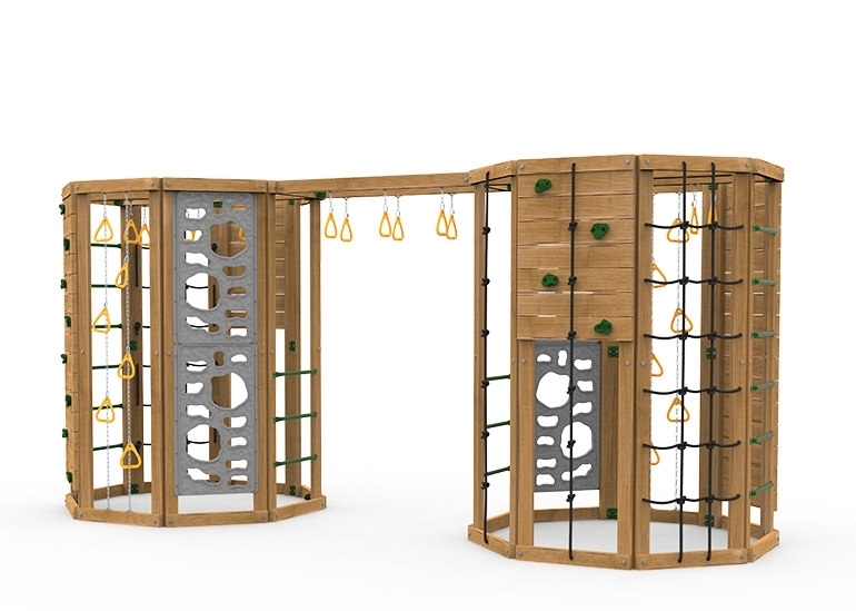 The Cliffhanger Gold Play Set includes the Cliffhanger kit, 2 Cargo Nets, 4 sets Climbing Rungs, 2 Climbing Rope Walls, 2 Rock Walls, 2 Hanging Rings on Chains, Monkey Rings, 4 Vertical Climbers, 2 Climbing Rope/Rock Walls and more Monkey Rings spanning between the two units from side 2
