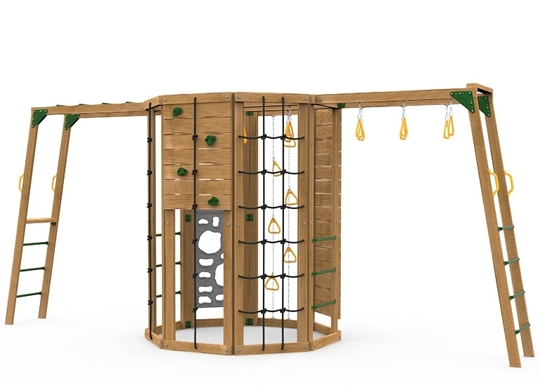 The Cliffhanger Silver Play Set includes the Cliffhanger kit, Cargo Net, 2 sets Climbing Rungs, Climbing Rope, Rocks, Hanging Rings on Chains, Monkey Rings, 2 Vertical Climbers, and added Climbing Bars & Monkey Rings from hanging rings.
