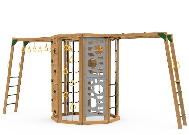 The Cliffhanger Silver Play Set includes the Cliffhanger kit, Cargo Net, 2 sets Climbing Rungs, Climbing Rope, Rocks, Hanging Rings on Chains, Monkey Rings, 2 Vertical Climbers, and added Climbing Bars & Monkey Rings from monkey bars